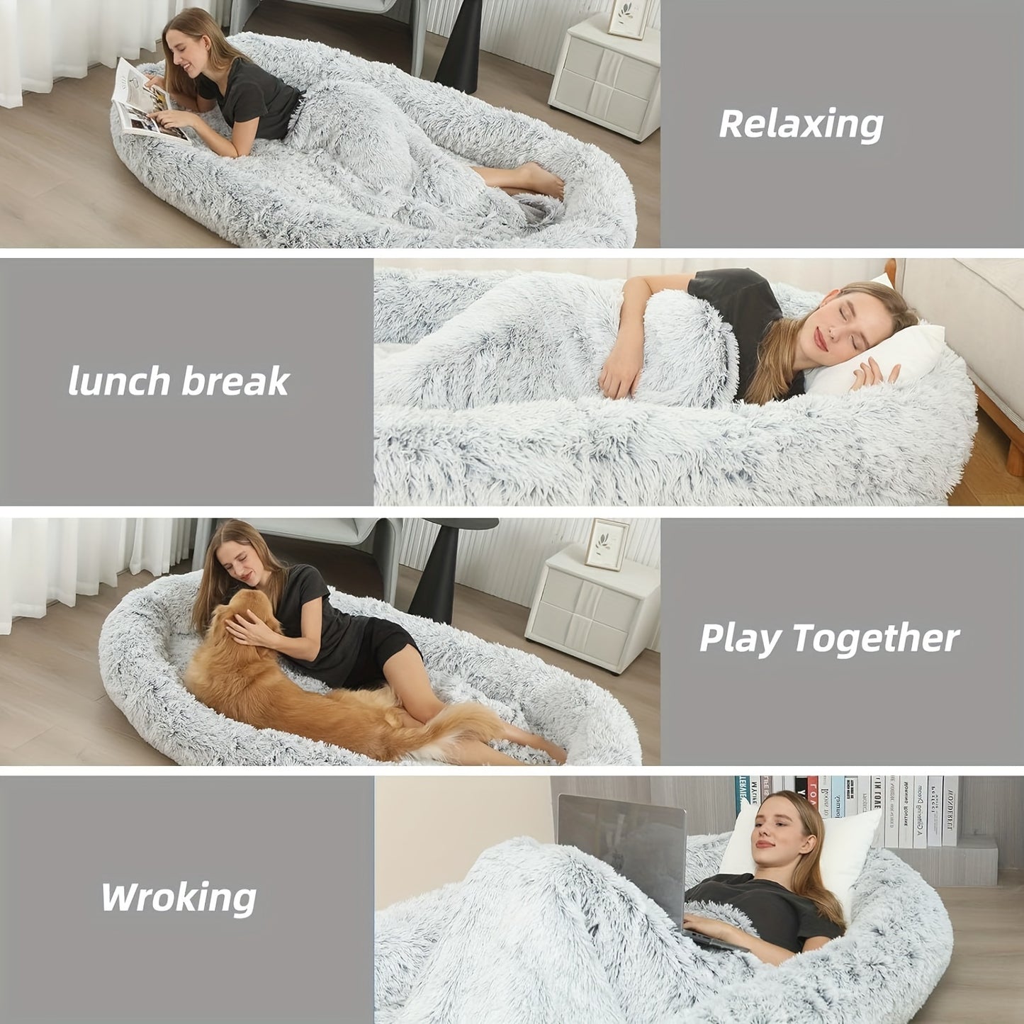 Human Dog Bed, 71"x45"x12" Dog Beds For Humans Size Fits You And Pets, Washable Faux Fur Human Dog Bed For People Doze Off, Napping Orthopedic Dog Bed, Present Plump Pillow, Blanket, Strap - Grey