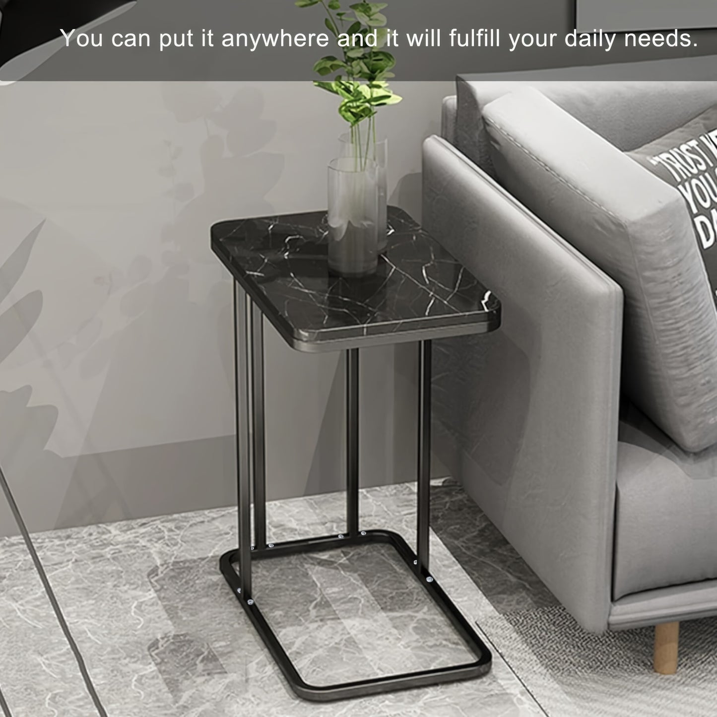 1pc Side Table, Black Marble Pattern Coffee Table, Bedside Table, Living Room Small Tea Table, Round Table, Rock Sofa Side Cabinet Corner Table, Bedside Table