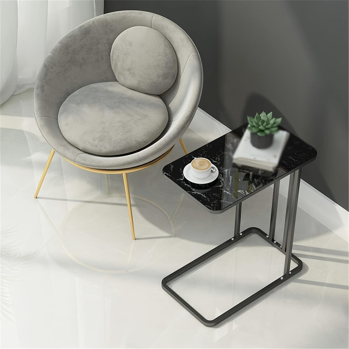 1pc Side Table, Black Marble Pattern Coffee Table, Bedside Table, Living Room Small Tea Table, Round Table, Rock Sofa Side Cabinet Corner Table, Bedside Table