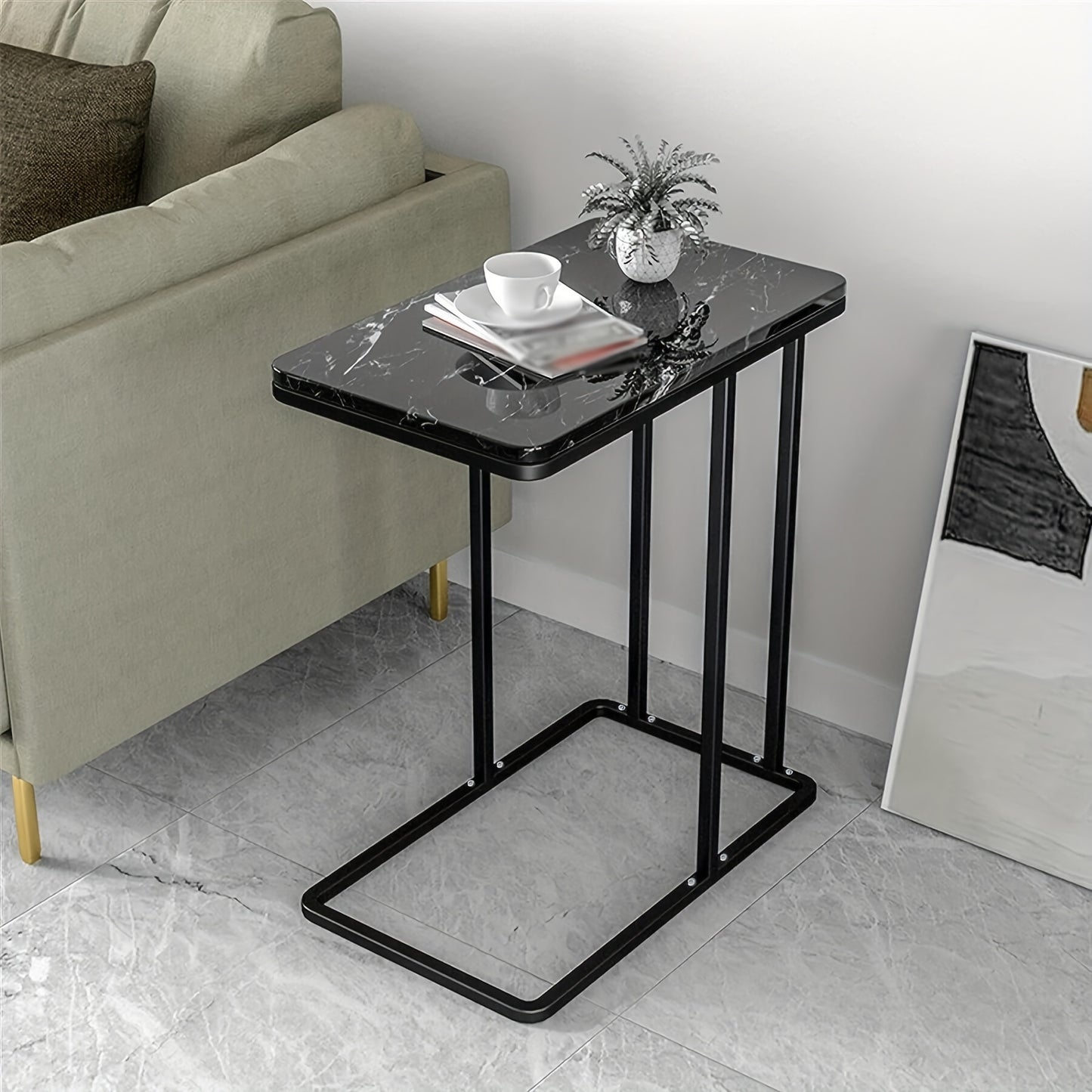 1pc Side Table, Black Marble Pattern Coffee Table, Bedside Table, Living Room Small Tea Table, Round Table, Rock Sofa Side Cabinet Corner Table, Bedside Table