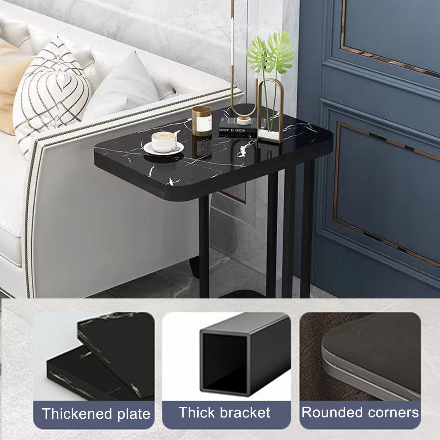 1pc Side Table, Black Marble Pattern Coffee Table, Bedside Table, Living Room Small Tea Table, Round Table, Rock Sofa Side Cabinet Corner Table, Bedside Table