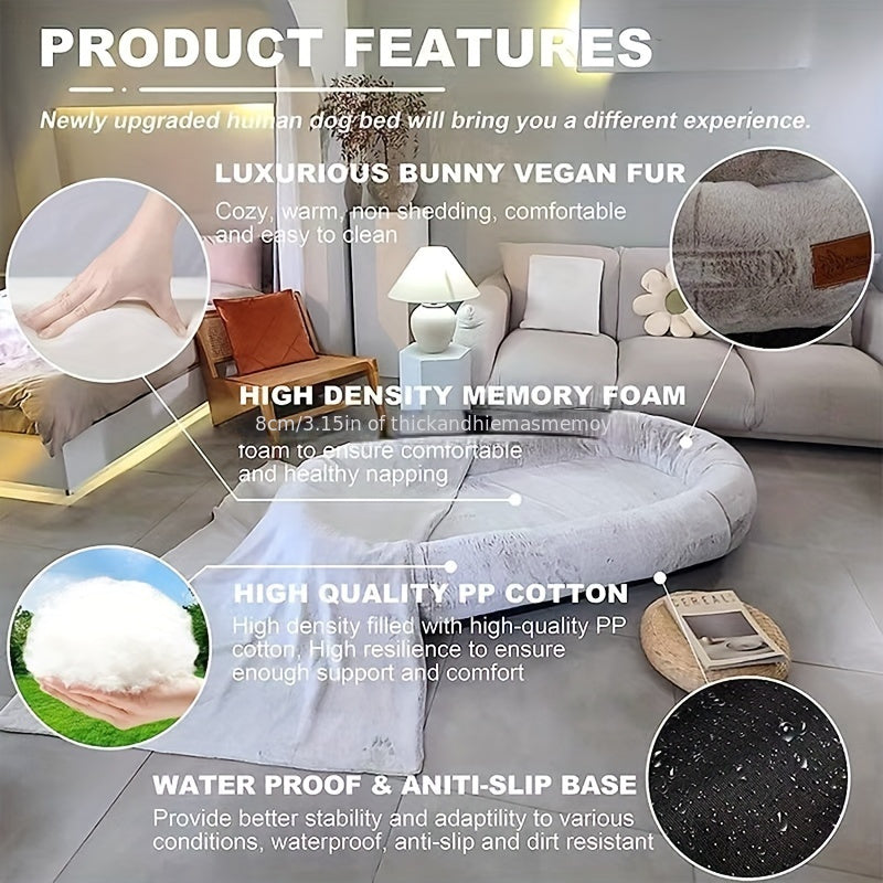 Human Dog Bed, 71"x45"x12" Dog Beds For Humans Size Fits You And Pets, Washable Faux Fur Human Dog Bed For People Doze Off, Napping Orthopedic Dog Bed, Present Plump Pillow, Blanket, Strap - Grey