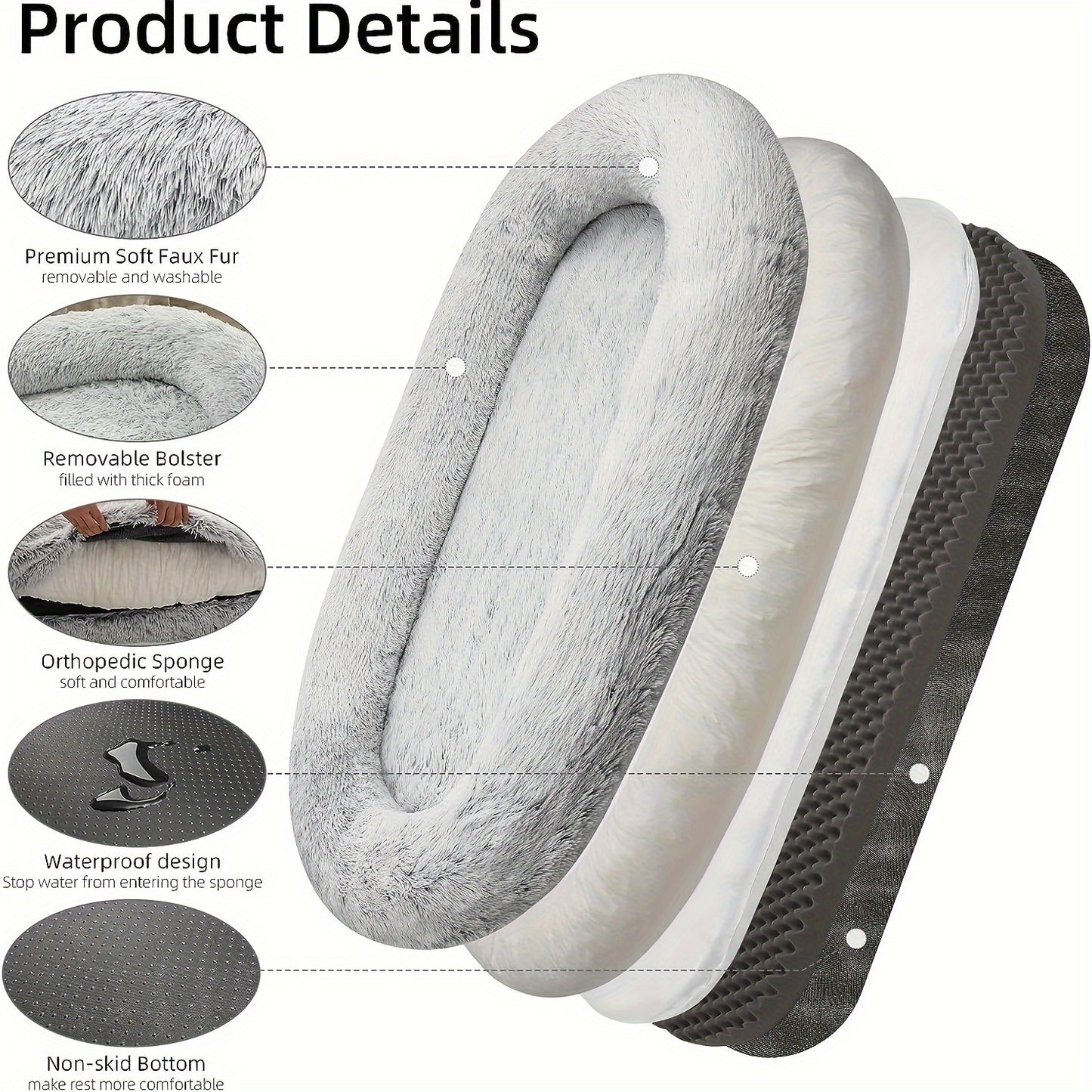 Human Dog Bed, 71"x45"x12" Dog Beds For Humans Size Fits You And Pets, Washable Faux Fur Human Dog Bed For People Doze Off, Napping Orthopedic Dog Bed, Present Plump Pillow, Blanket, Strap - Grey
