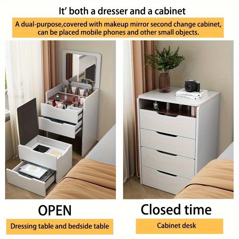 1pc Vanity Makeup Table, Vanity Desk With Mirror, 90° Folding Dresser Set, With Drawers And Stools For Storage, Dressers Bedroom Furniture, Dresser For Bedroom Makeup, Multifunctional Dresser, Bedside Table, White Dresser Chest