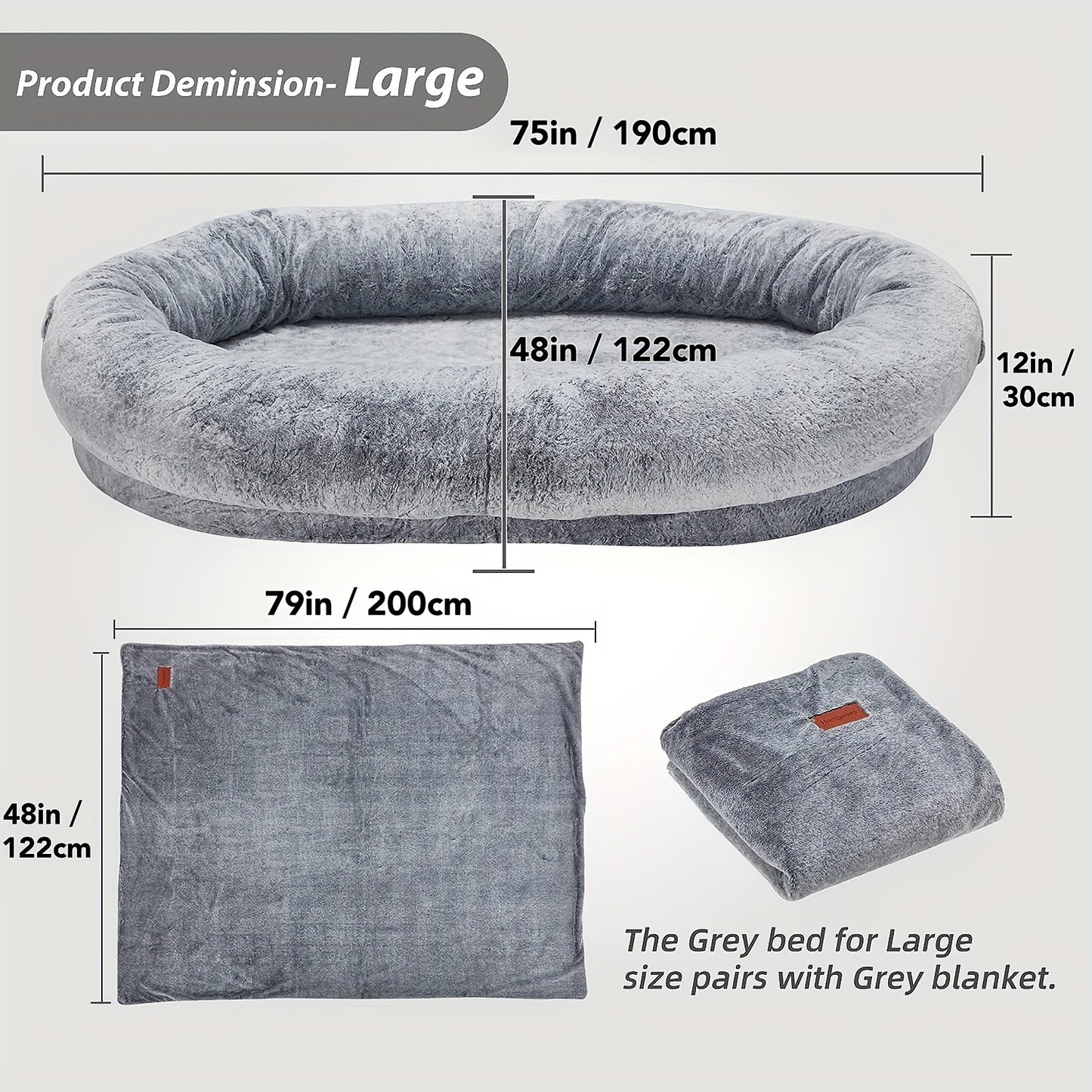 Human Dog Bed, 71"x45"x12" Dog Beds For Humans Size Fits You And Pets, Washable Faux Fur Human Dog Bed For People Doze Off, Napping Orthopedic Dog Bed, Present Plump Pillow, Blanket, Strap - Grey