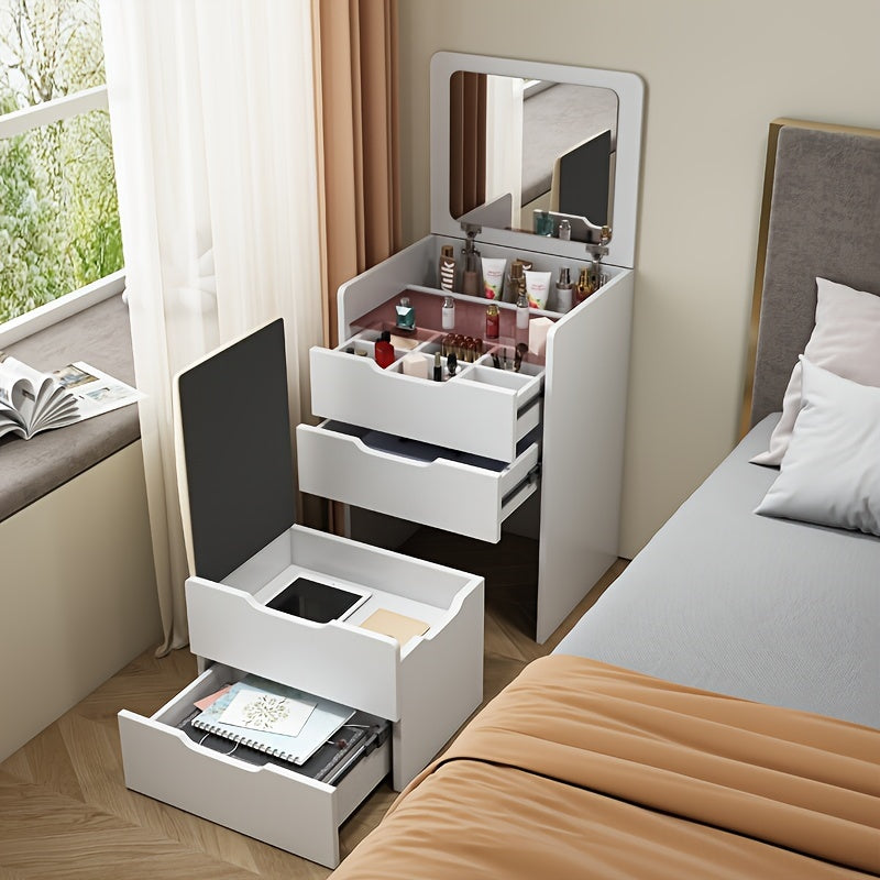 1pc Vanity Makeup Table, Vanity Desk With Mirror, 90° Folding Dresser Set, With Drawers And Stools For Storage, Dressers Bedroom Furniture, Dresser For Bedroom Makeup, Multifunctional Dresser, Bedside Table, White Dresser Chest