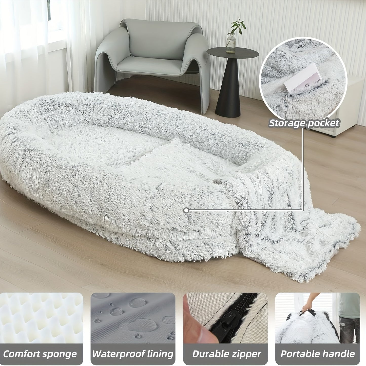 Human Dog Bed, 71"x45"x12" Dog Beds For Humans Size Fits You And Pets, Washable Faux Fur Human Dog Bed For People Doze Off, Napping Orthopedic Dog Bed, Present Plump Pillow, Blanket, Strap - Grey