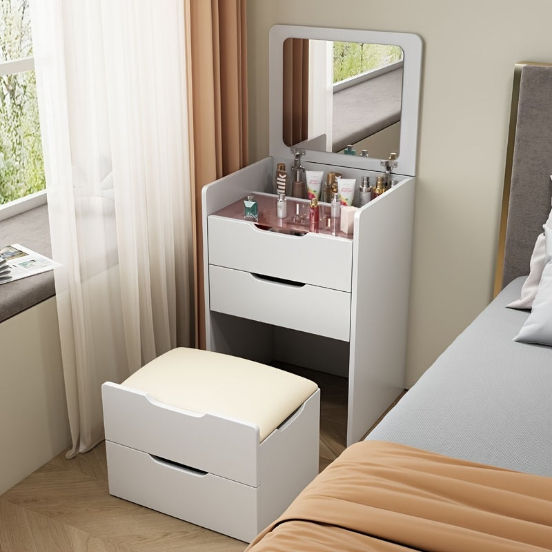 1pc Vanity Makeup Table, Vanity Desk With Mirror, 90° Folding Dresser Set, With Drawers And Stools For Storage, Dressers Bedroom Furniture, Dresser For Bedroom Makeup, Multifunctional Dresser, Bedside Table, White Dresser Chest