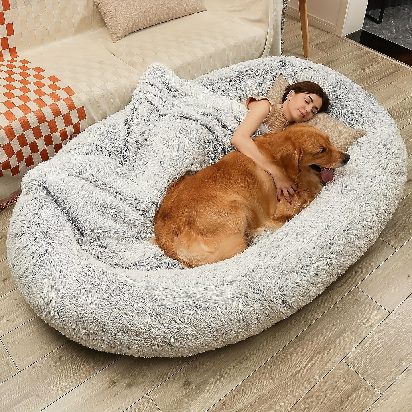 Human Dog Bed, 71"x45"x12" Dog Beds For Humans Size Fits You And Pets, Washable Faux Fur Human Dog Bed For People Doze Off, Napping Orthopedic Dog Bed, Present Plump Pillow, Blanket, Strap - Grey